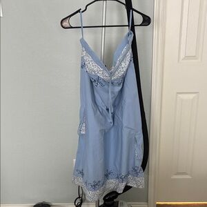 Light Blue Floral-Trim Satin Chemise Skirt